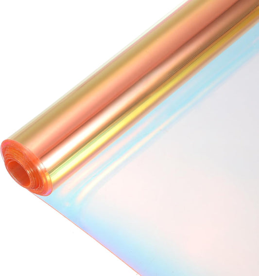 MECCANIXITY Holographic Clear PVC Vinyl Film Holographic PVC Fabric Waterproof Dichroic Film 12 x 48 Inch for Handbags Bows Earrings DIY Craft,Laser Light Orange