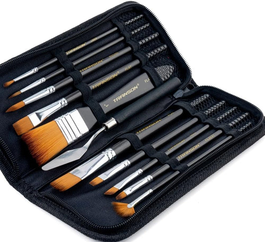 Transon Paint Brush Kit 10pcs Art Brushes and 1 Paint Spatula with Brush Case