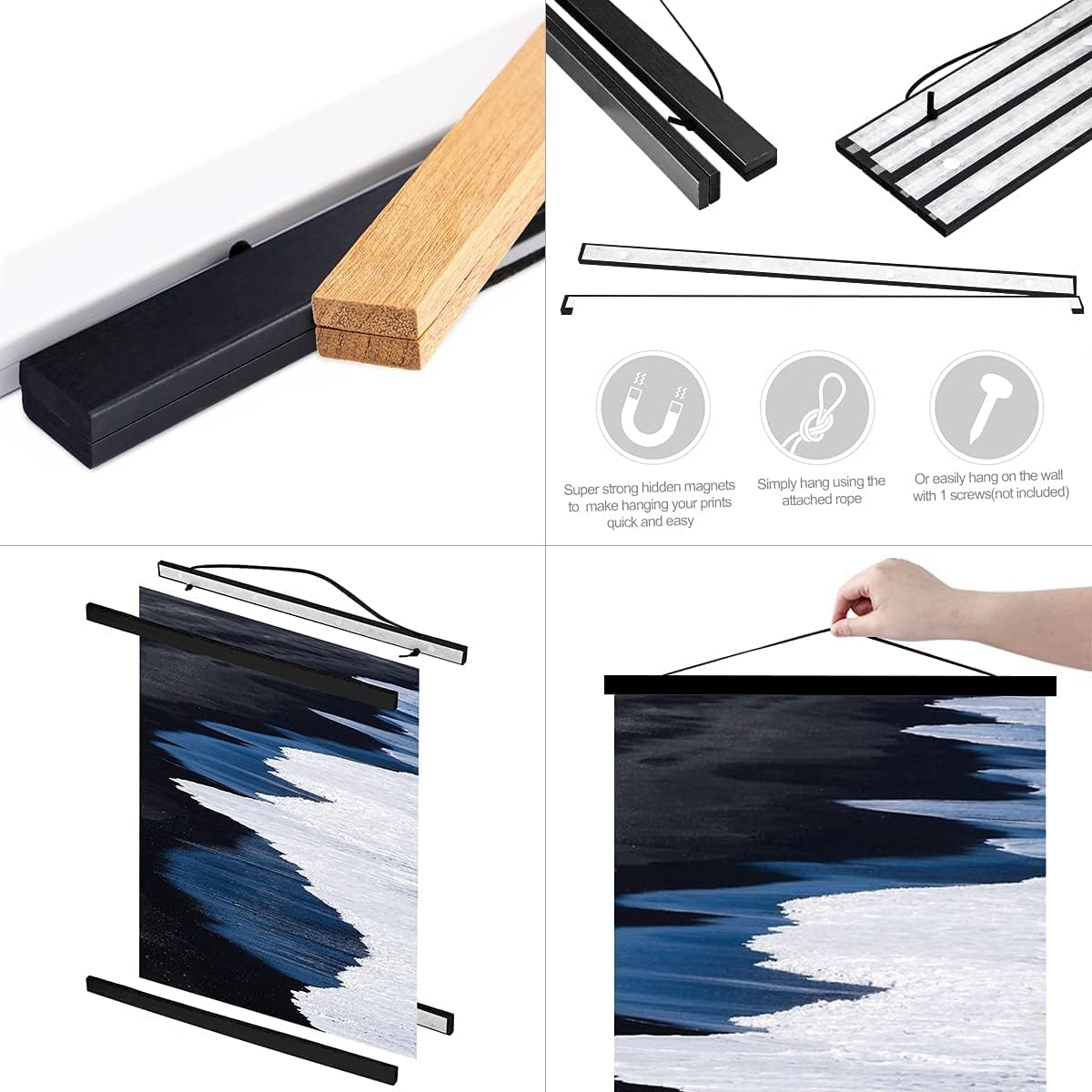 Ywlake Magnetic Poster Hanger, Poster Frame Wood Wooden Magnet Print Posters Dowel Scroll Hanger Hangers Hanging Kit for Walls Map Canvas Artwork (Black, 47"/120cm)