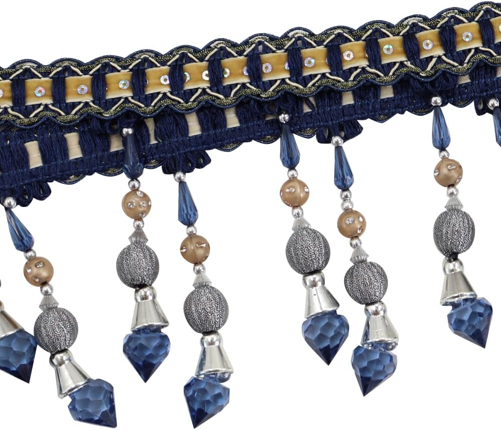 3yards Beading Fringe Trimming Long Beads Tassel Curtain Trim Ribbon Trim for Cover Edge Decorative (deep blue)