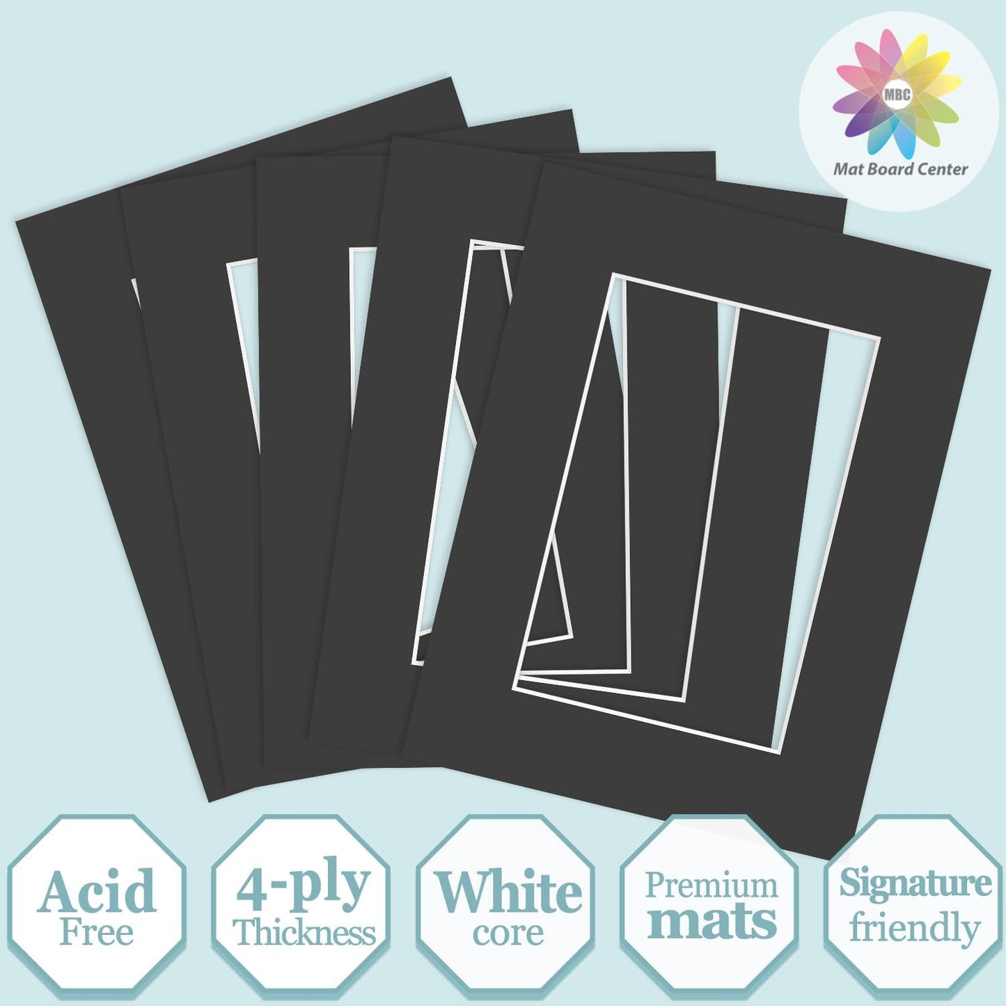 MBC Mat Board Center, 5 Pack 6x8 for 4x6 Black Picture Mats Frame Mattes, Bevel Cut, Acid Free, 4-ply Thickness