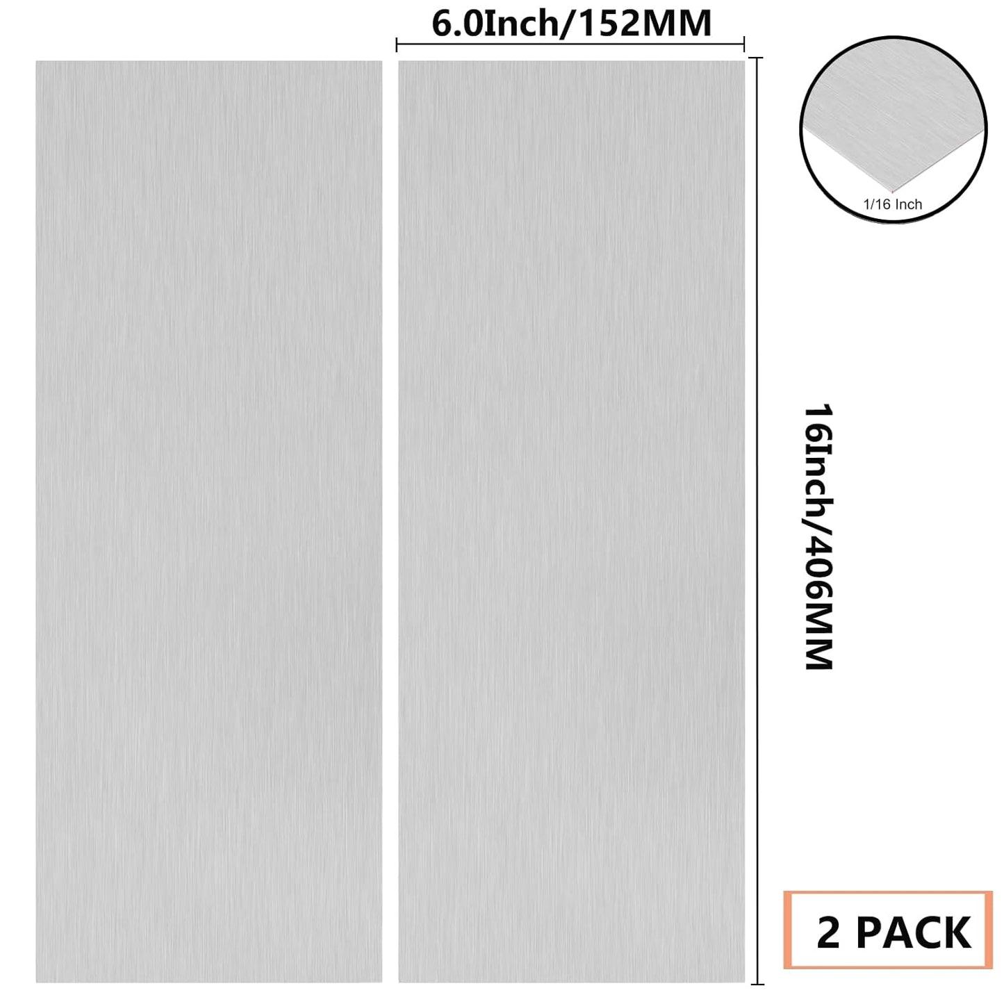 2Pack 6061 T651 Aluminum Sheet Metal 6 x 16 x 1/16 (0.06”) Inch Plain Thin Aluminum Plate Covered with Protective Film, Heat Treatable Rectangle 1.5mm Aluminum Metal Plate for Industrial, Crafting