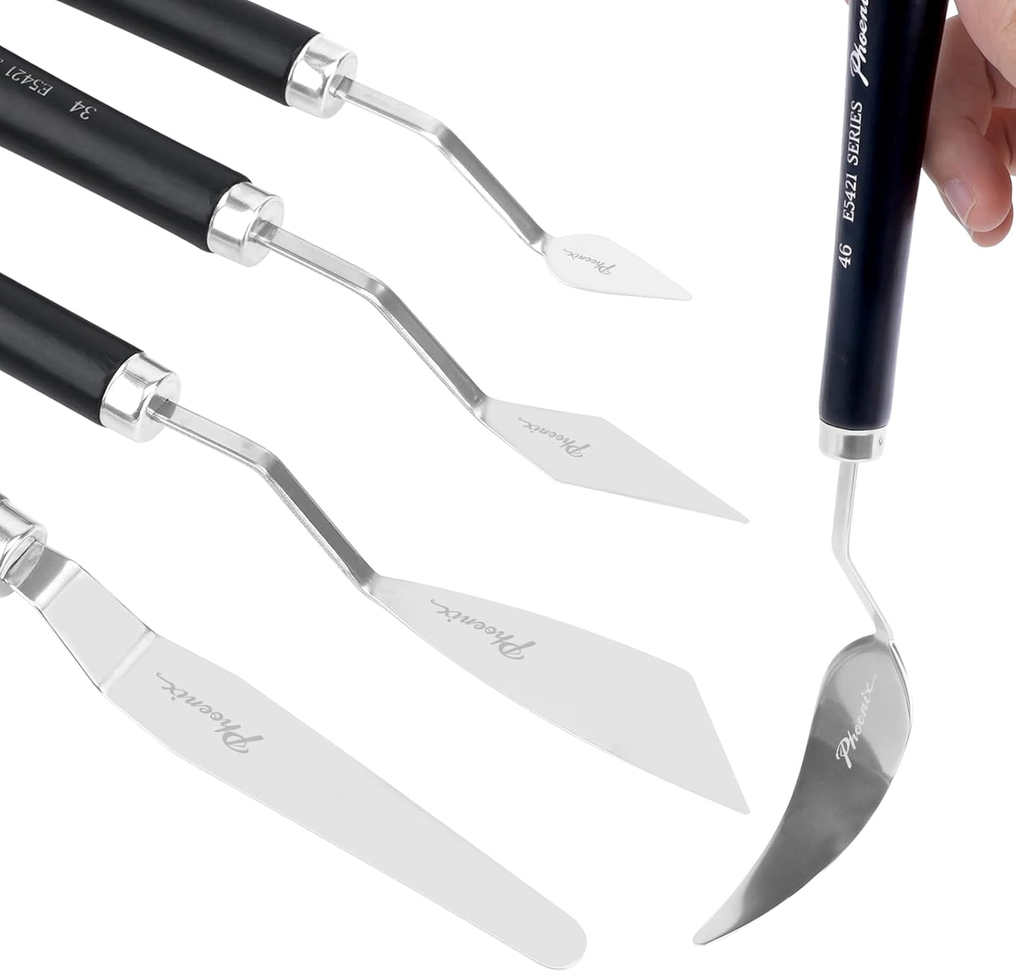 PHOENIX High Flexible Palette Knife Set, 5 Pieces Stainless Steel Painting Knives (32,34,50,46,53) Art Knife with Wood Handle, Paint Spatula for Oil Acrylic Paint