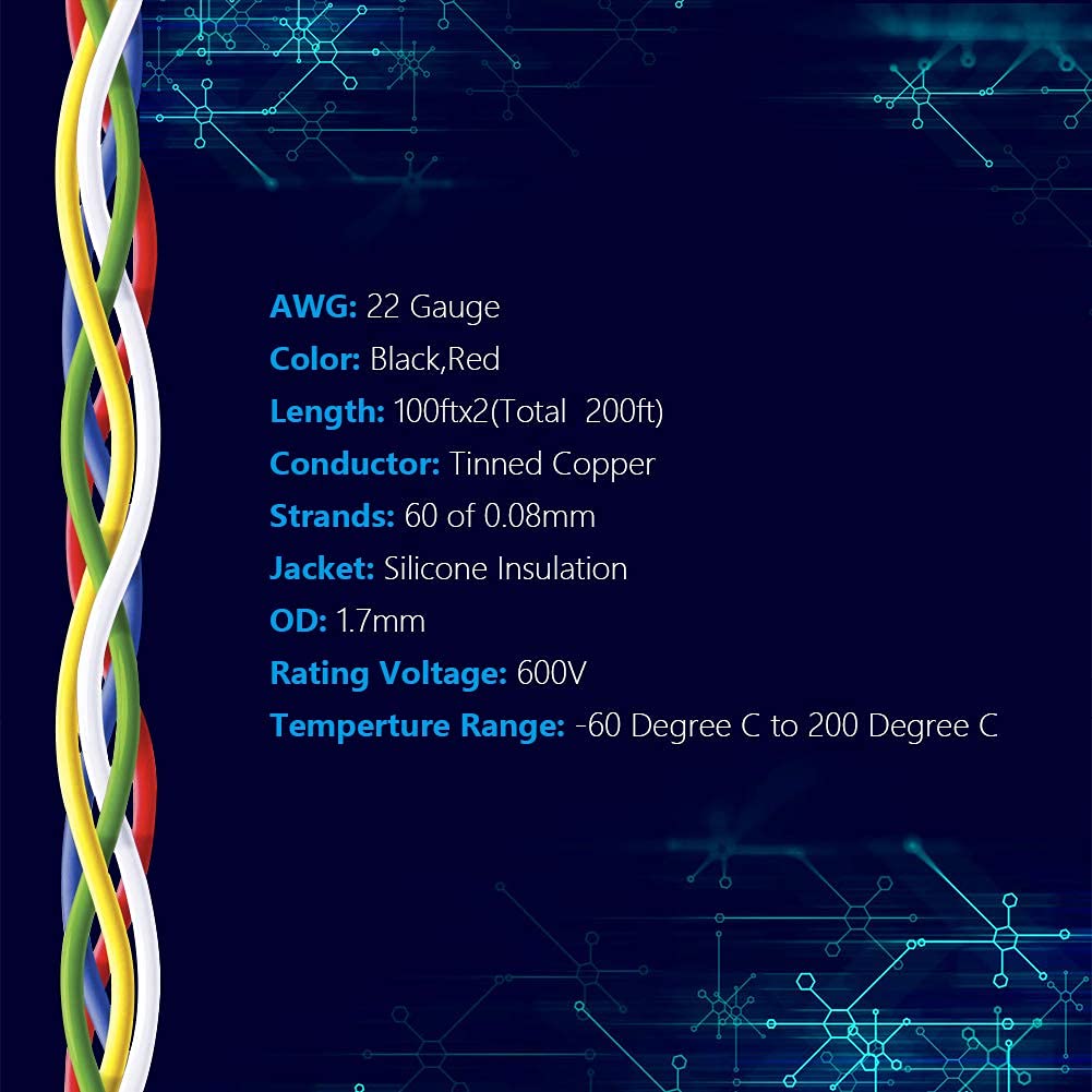 Fermerry 22 AWG Stranded Wire Spool 100ft Each 2 Colors Flexible 22 Gauge Silicone Hook up Wire Kit Electrical Tinned Copper Wire