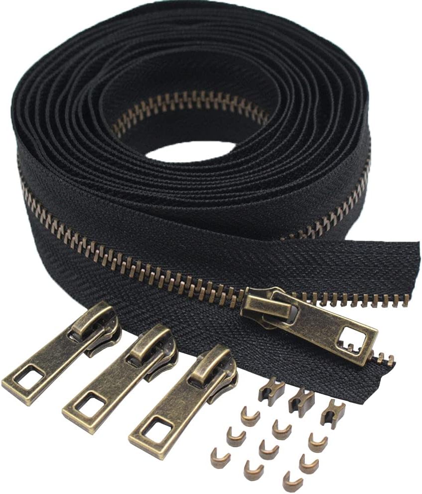 Meillia #3 Upholstery Zipper Tape by The Yard Black Metal Zippers 5 Yards with 10pcs Antique Brass Pulls for Sewing Tailor Crafts (Anti-Brass 5 Yards)