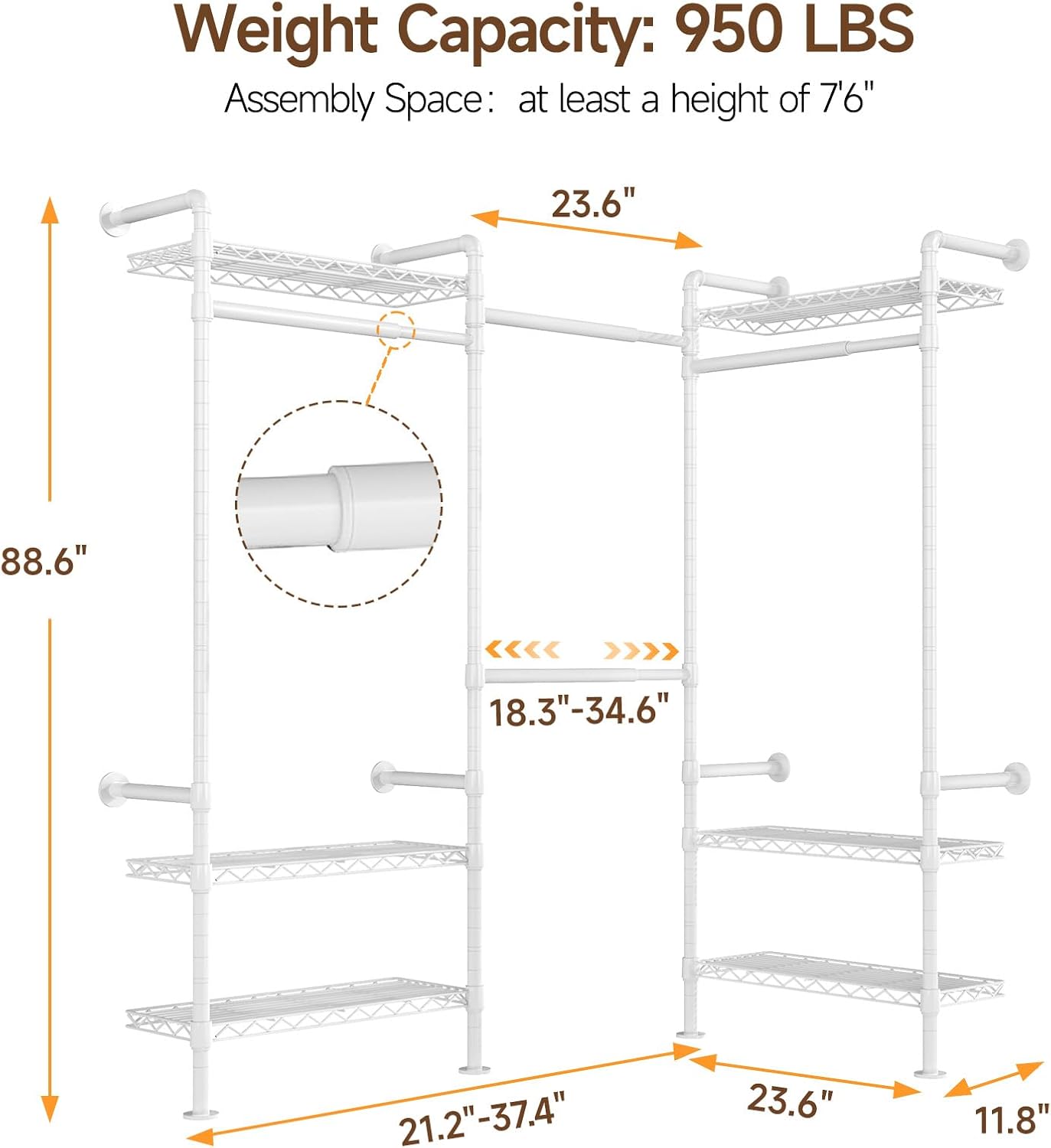 L3 Industrial Pipe Closet Organizer System, Wall Mounted Clothes Rack Clothing Racks with 4 Telescopic Rods & 6 Shelves , Heavy Duty Closet System in Wardrobe Closet (White)