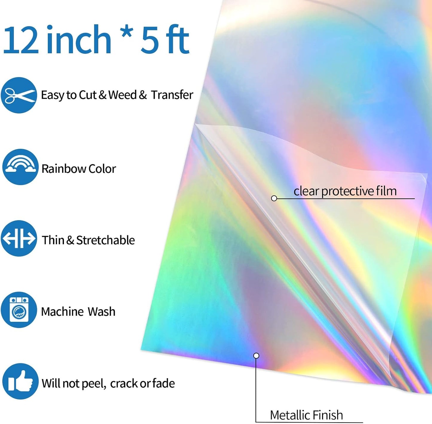 VINYL FROG Metallic Foil HTV Vinyl Roll 12" x5ft Holographic Silver Heat Transfer Vinyl Chrome Iron on Vinyl Easy to Cut & Weed DIY Heat Press Design for T-Shirts