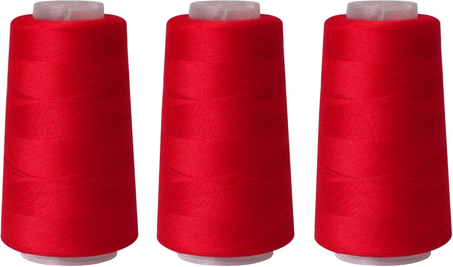 Sewing Thread Cone Set, 3 Pack Serger Thread, 3000 Yards Each, All Purpose Thread for Sewing, Quilting, Machines, Overlock, Merrow & Hand Embroidery (Red*3)