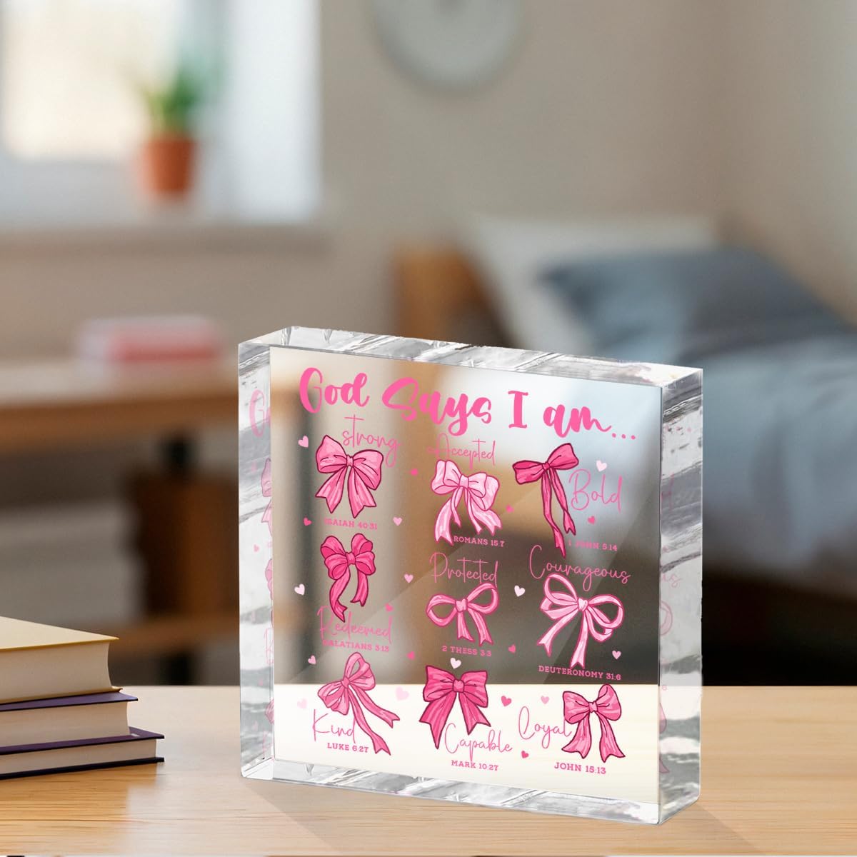 Positive Affirmation Bible Verse Desk Decor Acrylic Sign 4X4 Inch, Preppy Coquette Pink Bow Desk Decorative Signs for Shelf Tabletop Cubicle Room Office, Christian Gifts for Women Men Friends