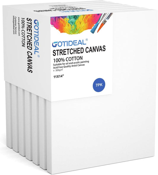 GOTIDEAL Stretched Canvas, 11x14 Inch Set of 7, Primed White - 100% Cotton Artist Canvas Boards for Painting, Acrylic Pouring, Oil Paint Dry & Wet Art Media