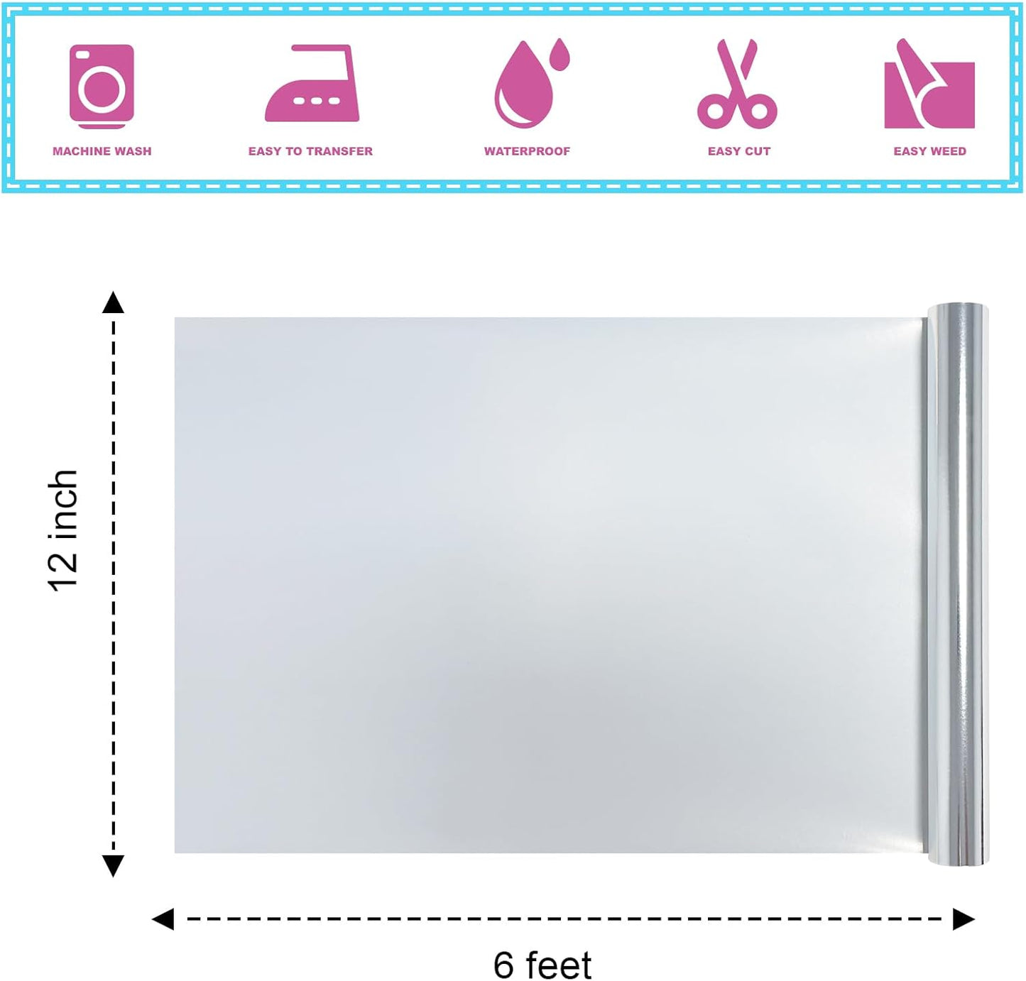 Metallic Silver Foil Heat Transfer Vinyl 12Inch*6Ft Bundle Chrome HTV Pack in Vibrant Colors for Stunning T-Shirt Designs! Perfect for DIY Heat Transfer Vinyl (Silverr, 12Inch*6Ft)