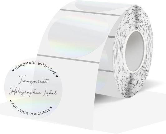 1.5" Round Transparent Thermal Label Stickers, Holographic Clear Direct Thermal Labels-Perforation Line Design& Waterproof- 300 Sheets
