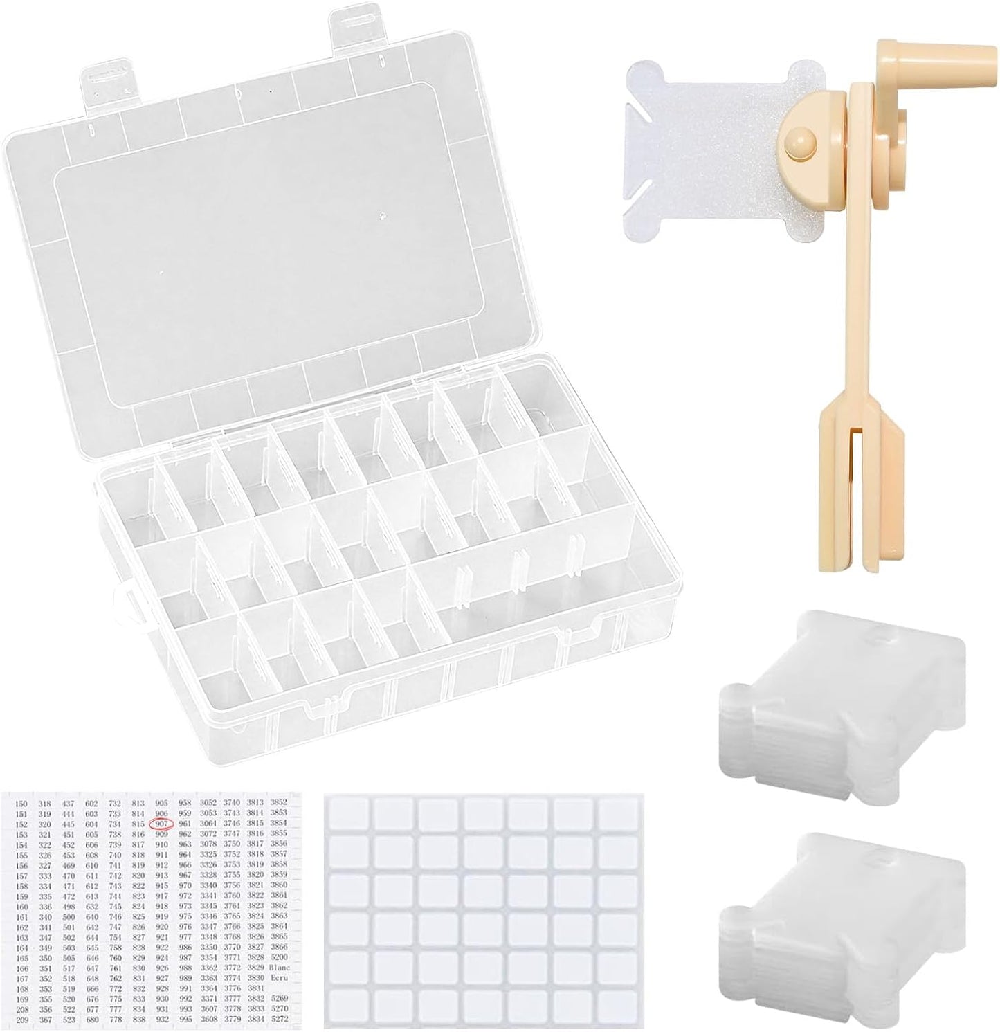 Embroidery Floss Organizer with 24 Compartments - Cross Stitch Thread Storage Box Includes 100 Plastic Bobbins, Stickers, Bobbin Winder for DIY Sewing Crafts