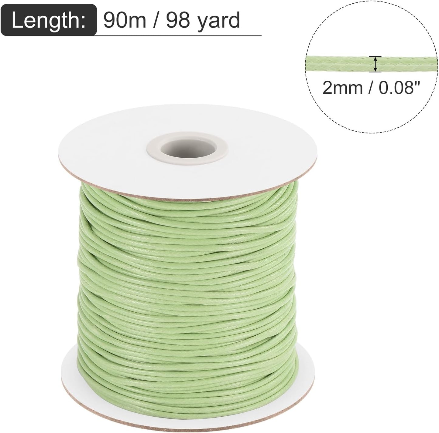 MECCANIXITY Waxed Cord 2mm Waxed Polyester Cord 98 Yard Wax String for Bracelet Making, Necklaces, Beading, Jewelry Making and DIY Crafts(Light Green)