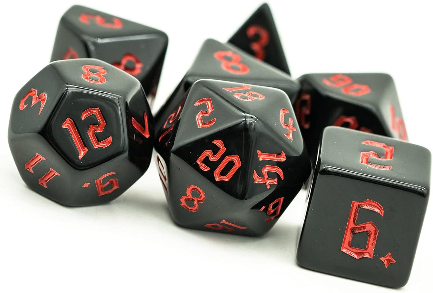 7-Die Polyhedral DND Dice Set, Black D&D Dice with Leather Pouch for Role Playing Games, Black with Red Number, D4 D6 D8 D10 D12 D20 D%
