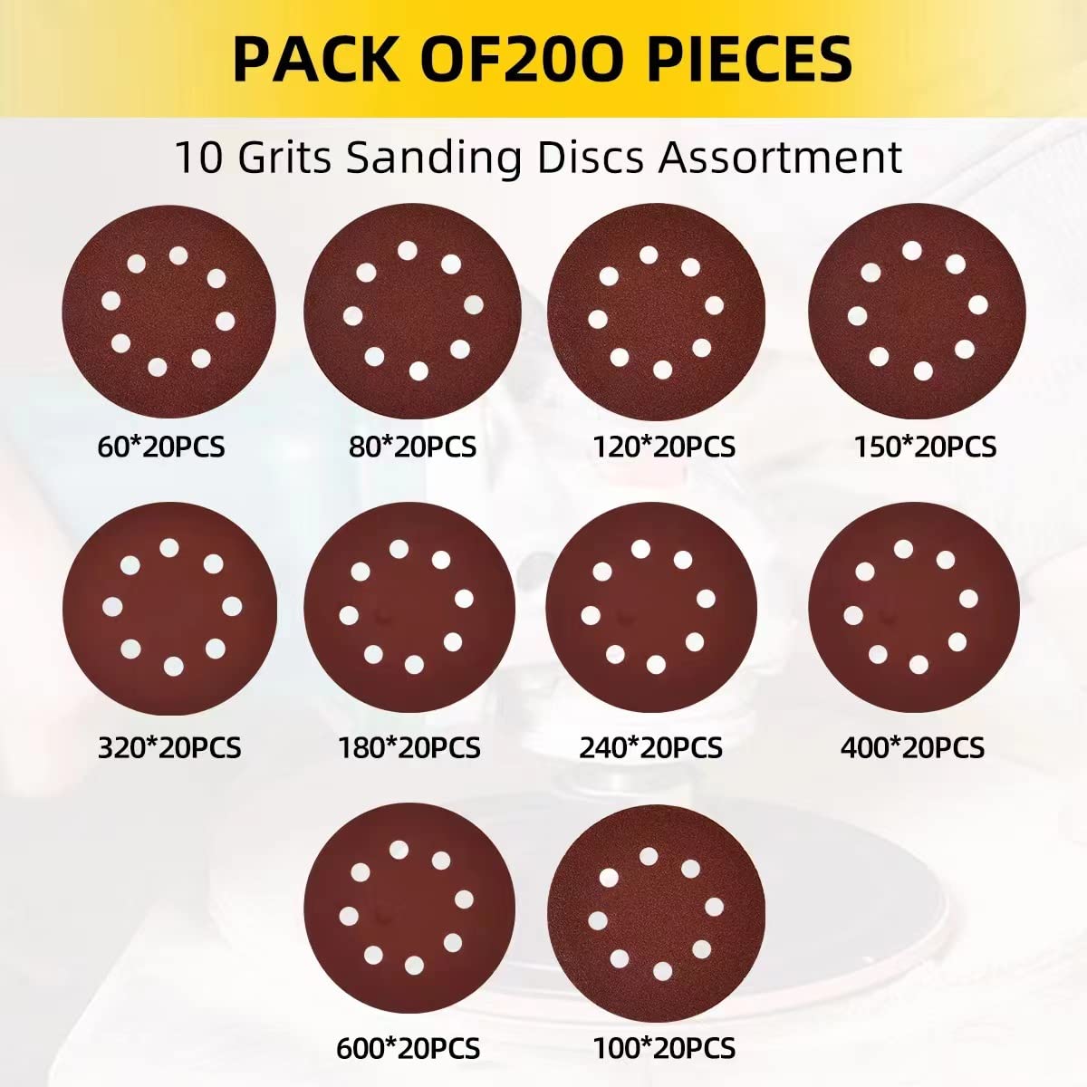 200-piece Sanding Discs Set - 5-Inch 8-Hole Sandpaper 10 Grades Include 60, 80, 100, 120, 150,180, 240, 320, 400, 600 Grits for Random Orbital Sander