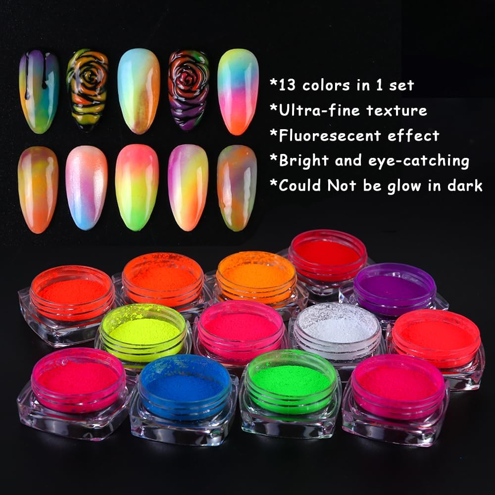 13 Colors Neon Phosphor Pigment Powder Set, Super Bright Fluorescent Nail Pigment Dust Nail Glitter for Gradient Iridescent Gel Polish Nail Art Decoration, Resin Craft