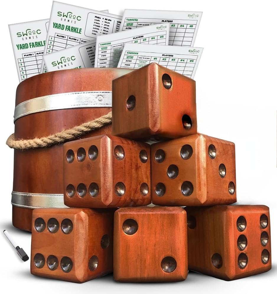 SWOOC Games - Yardzee, Farkle, & 20+ Giant Dice Games (All Weather) with Wood Bucket, 5 Scorecards, & Marker - Yard Dice Outdoor Game for Family - Giant Backyard Game Set - Outside Jumbo Lawn Fun