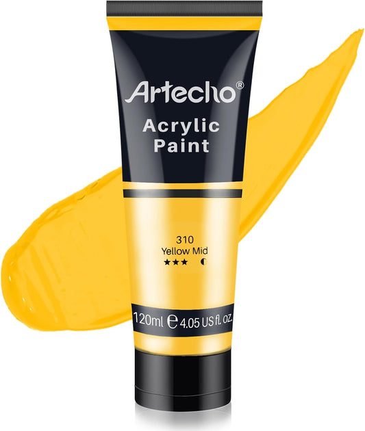 Artecho Yellow Acrylic Paint, Yellow Mid Paint (120ml / 4.05oz) Tubes, Art Craft Paints for Canvas, Rock, Stone, Wood, Fabric, Art Supplies