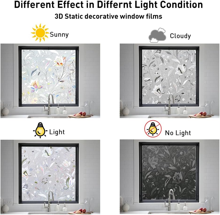 NINETREX Window Privacy Film,3D Stained Glass Window Film,Decorative Window Covering Sun Blocking Vinyl Static Cling Anti-UV Heat Control for Home Decor,Tulip 17.5 x 78.7inch