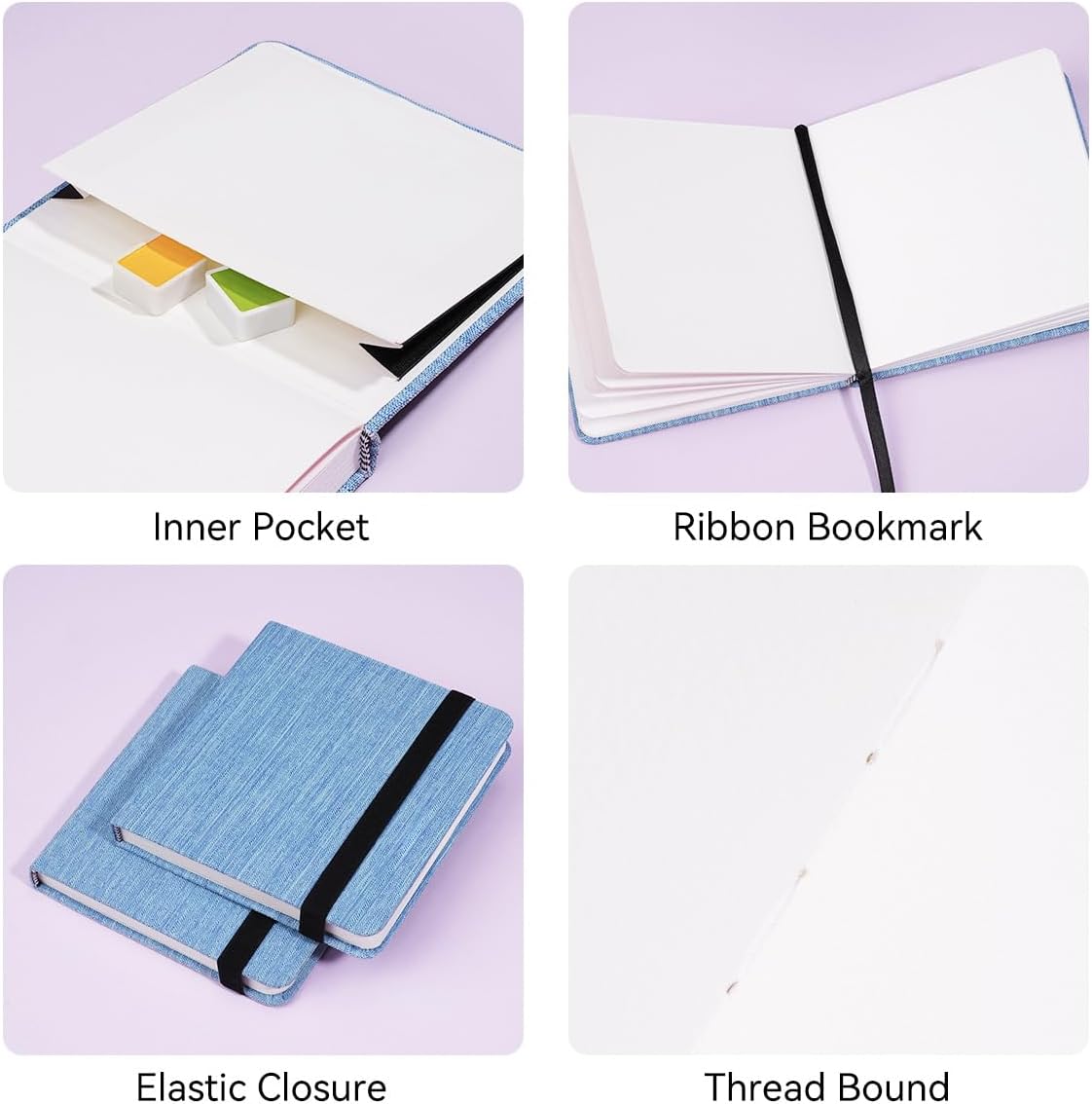 Lightwish Square Watercolor Journal,100% Cotton,300gsm/140lb,Acid-Free,24 Sheets Cold Press Watecolor Sketchbook for Artists Adults Students,4.7 * 4.7 Inches(Blue)