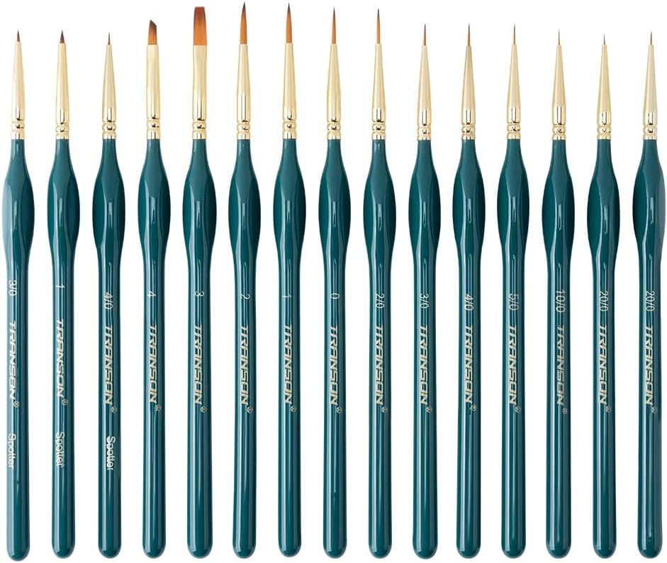 Transon 15-Piece Fine Detail Miniature Painting Brush Set for Acrylics, Watercolors, Crafts, Rocks & Face Painting