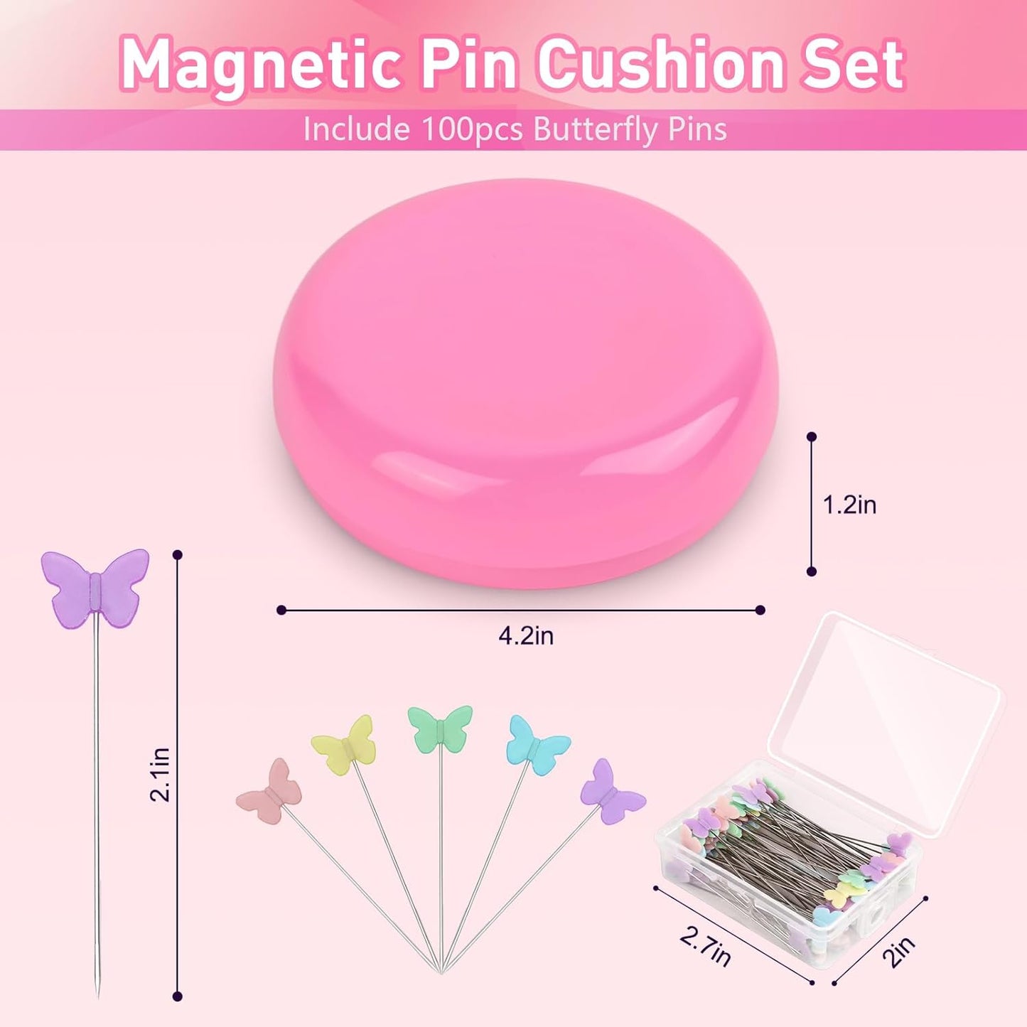 Oukitoymer Magnetic Pin Cushion with 100pcs Butterfly Head Straight Pins, Bobby Pin Holder for Sewing, Magnet Needle Cushion, Paper Clip Collector, Secure Pin Storager, Sewing & Quilting Accessories