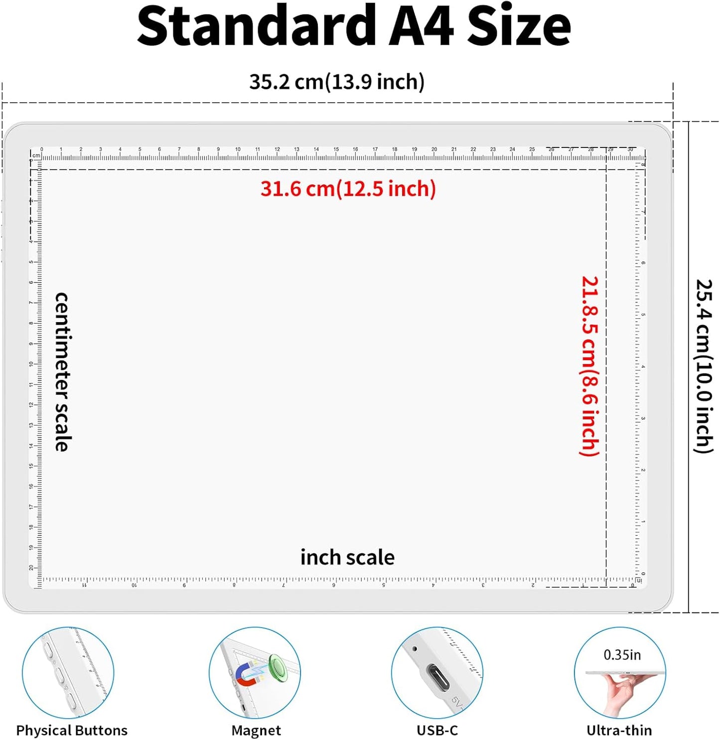 Phylosal Rechargeable A4 LED Light Pad for Diamond Painting, Ultra-Thin Magnetic Tracing Light Box for Drawing, Diamond Art Light Board with Side Button, Super Bright Light Table for Sketching (White)