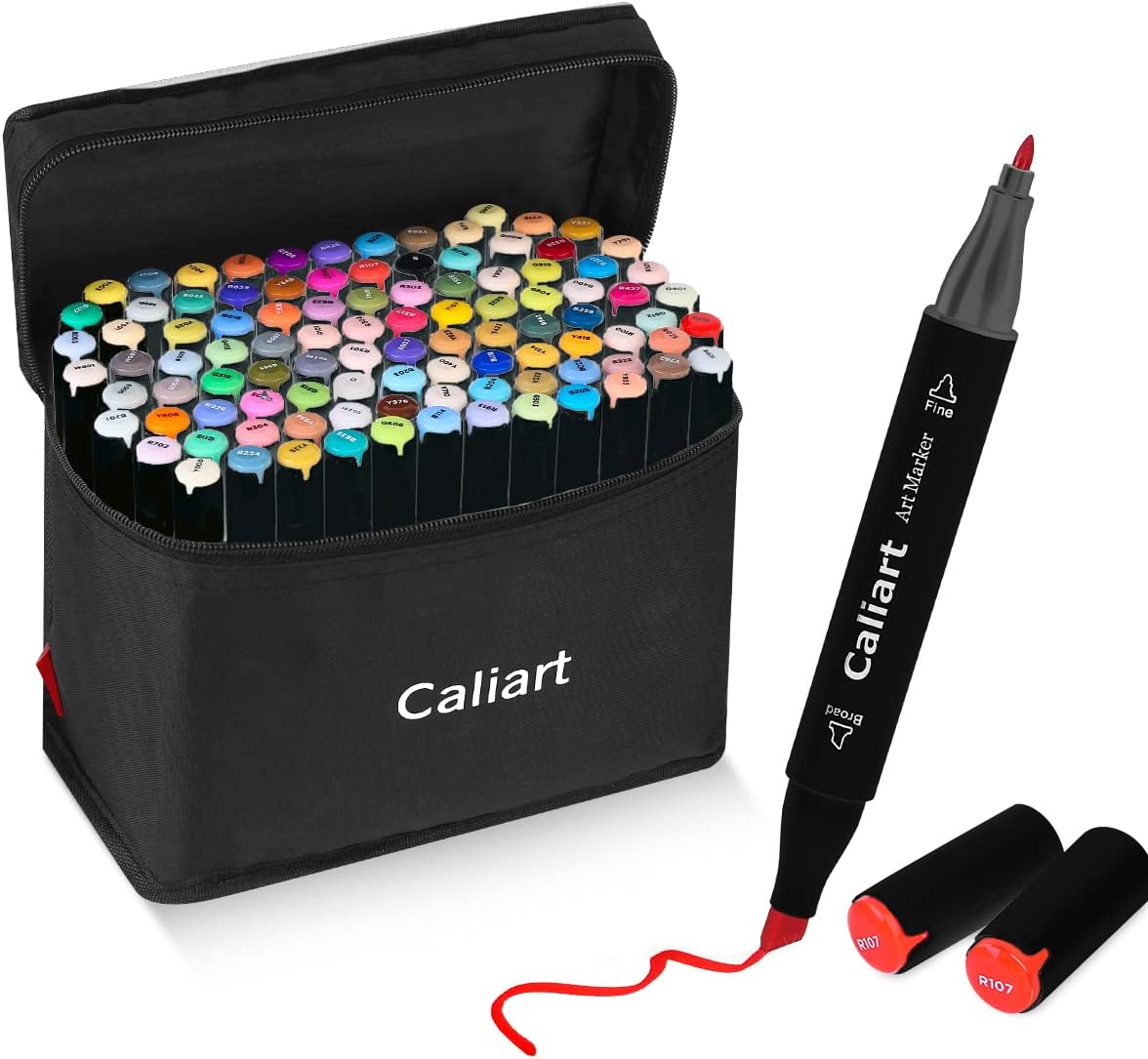 Caliart Markers, 100 Colors Dual Tip Art Markers Sketch Pens Permanent Alcohol Based, with Case for Adult Artist Halloween Drawing Sketching (Black Barrel)