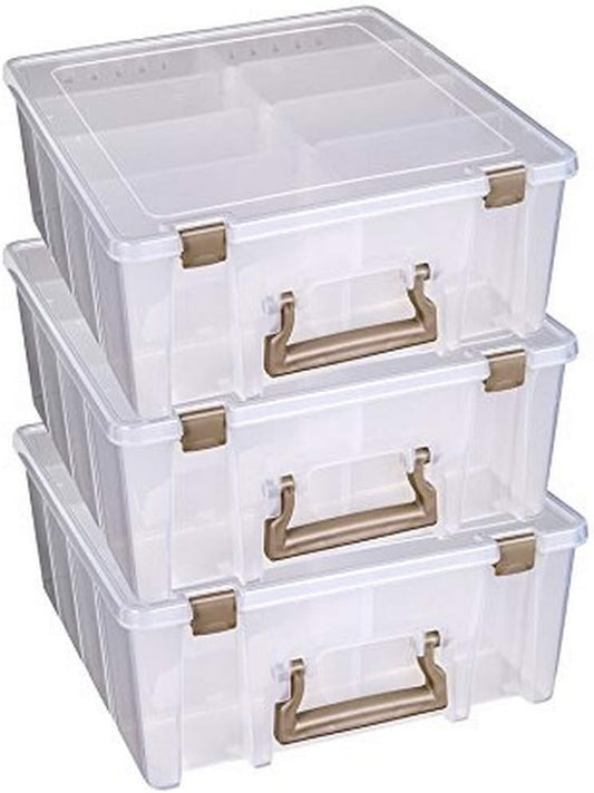 ArtBin 6990ZZ Super Satchel Double Deep 3-Pack, Portable Art & Craft Organizers with Handles, [3] Plastic Storage Cases, Clear & Gold
