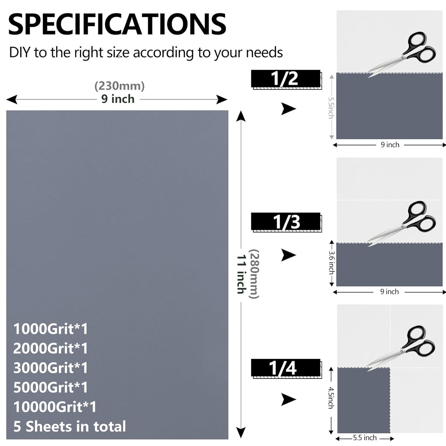 Fine Sandpaper Assortment, 9 x 11 Inch Wet Dry Sand Paper, 1000/2000/3000/5000/10000 Grit Hand Sanding Sheets for Wood Metal Automotive Sanding and Polishing - 5 Sheets