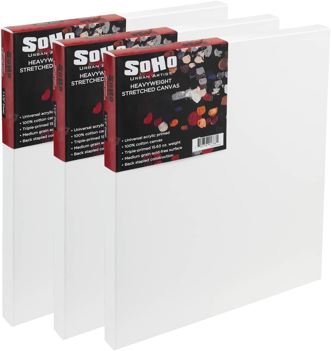 SoHo Urban Artist, 8x16 Heavyweight Stretched Cotton Canvas for Painting - 1.5" Deep- 3 Pack, Triple Primed, 100% Cotton Canvas, Archival, Universal Primed for Oil, Acrylic, Alkyd, Mixed Media