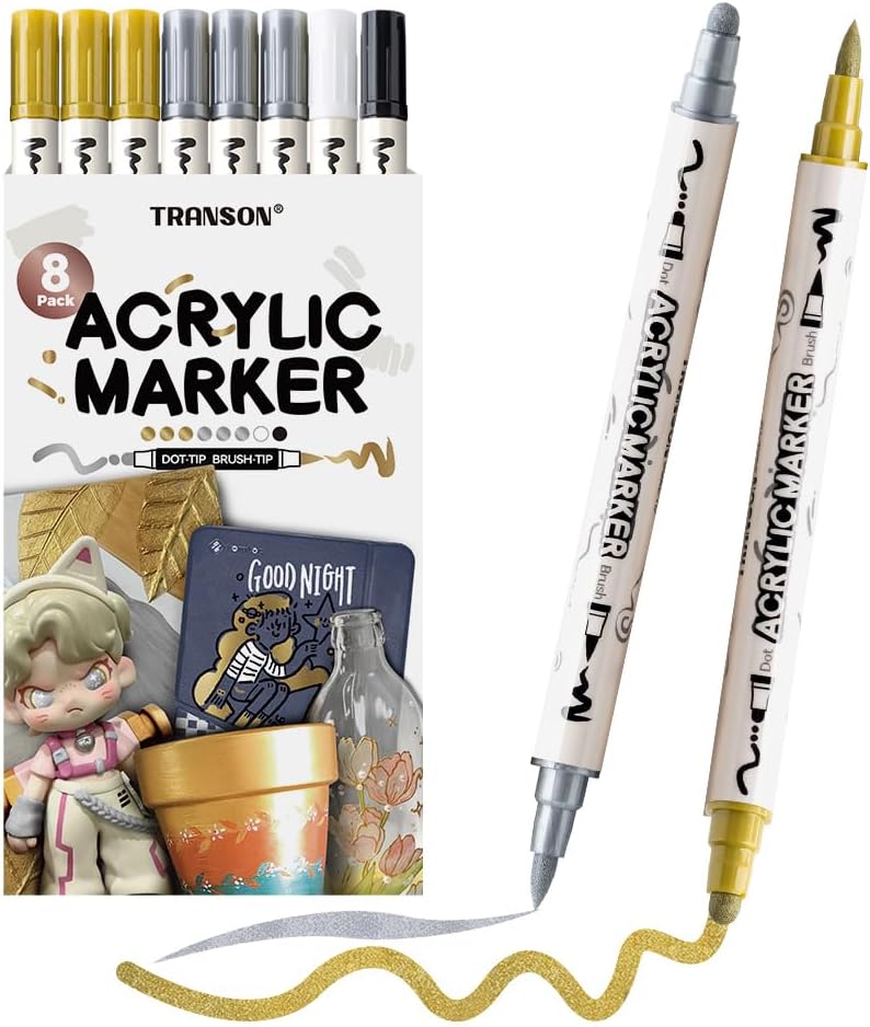 TRANSON 3 Gold, 3 Silver, 1 Black and 1 White Paint Markers Brush and Bold Dual-tip Acrylic Paint Marker Set for Rock Painting Glass Canvas Wood Leather Ceramic Painting