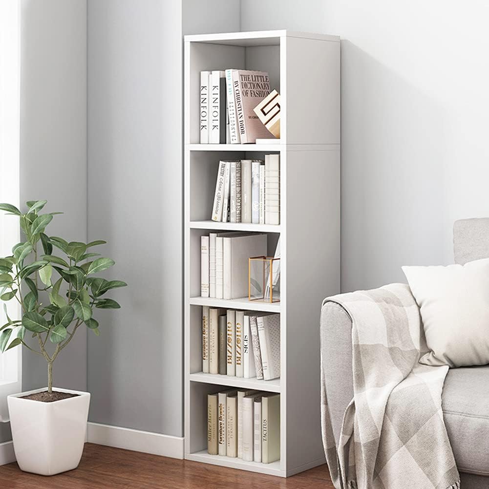 IOTXY Small Narrow Corner Bookcase - 47 Inches Tall Gap Freestanding Storage Cabinet, 5 Lattices Open Shelves Tower Rack, Cubes Bookshelf in White