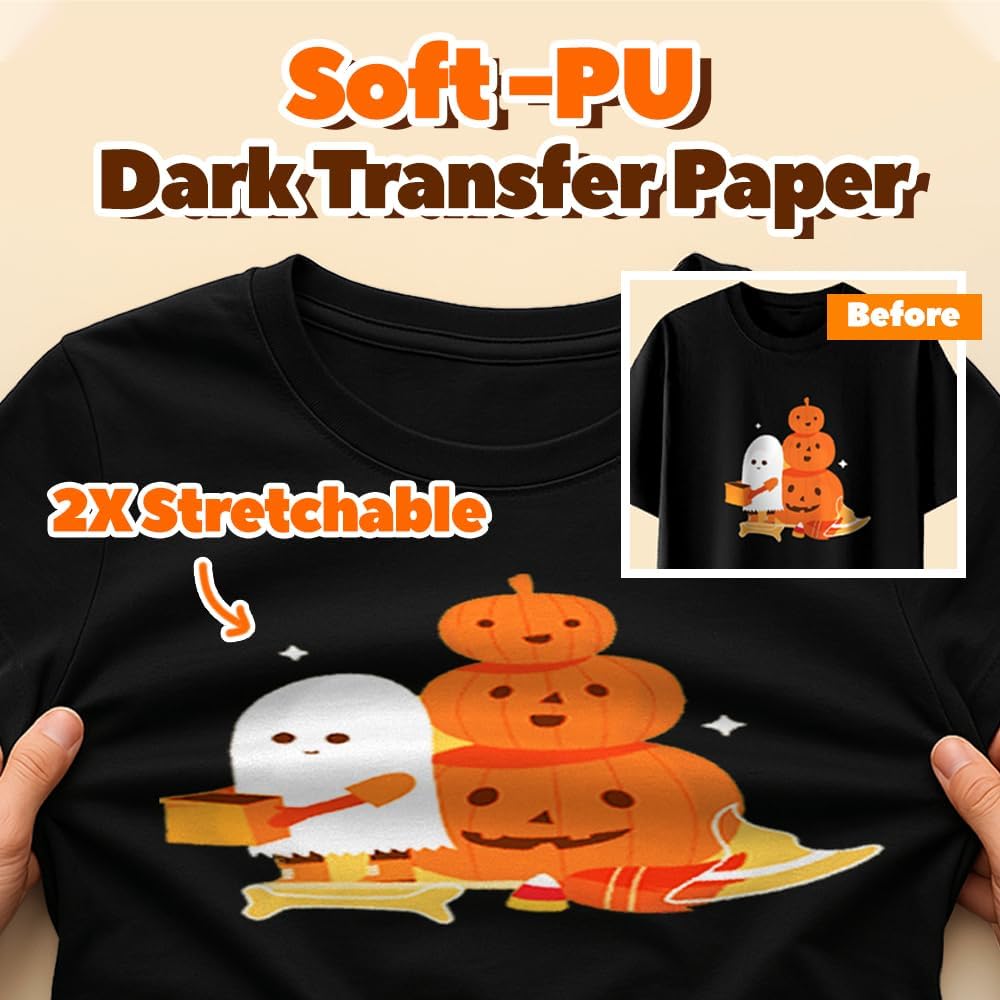 TranSmile PU-Heat Transfer Paper for Inkjet Printer (20 Sheets, 8.5x11", Dark) Iron on Transfers for Dark Fabric, Printable Heat Transfer Vinyl for T Shirts, Vibrant & Washable