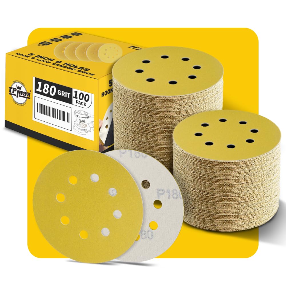 100PCS 5 Inch 180 Grit 125mm 8 Hole Sanding Discs Sandpaper - Premium Gold Round Hook and Loop for Random Orbital Sander - Ideal for Wood, Metal, Automotive