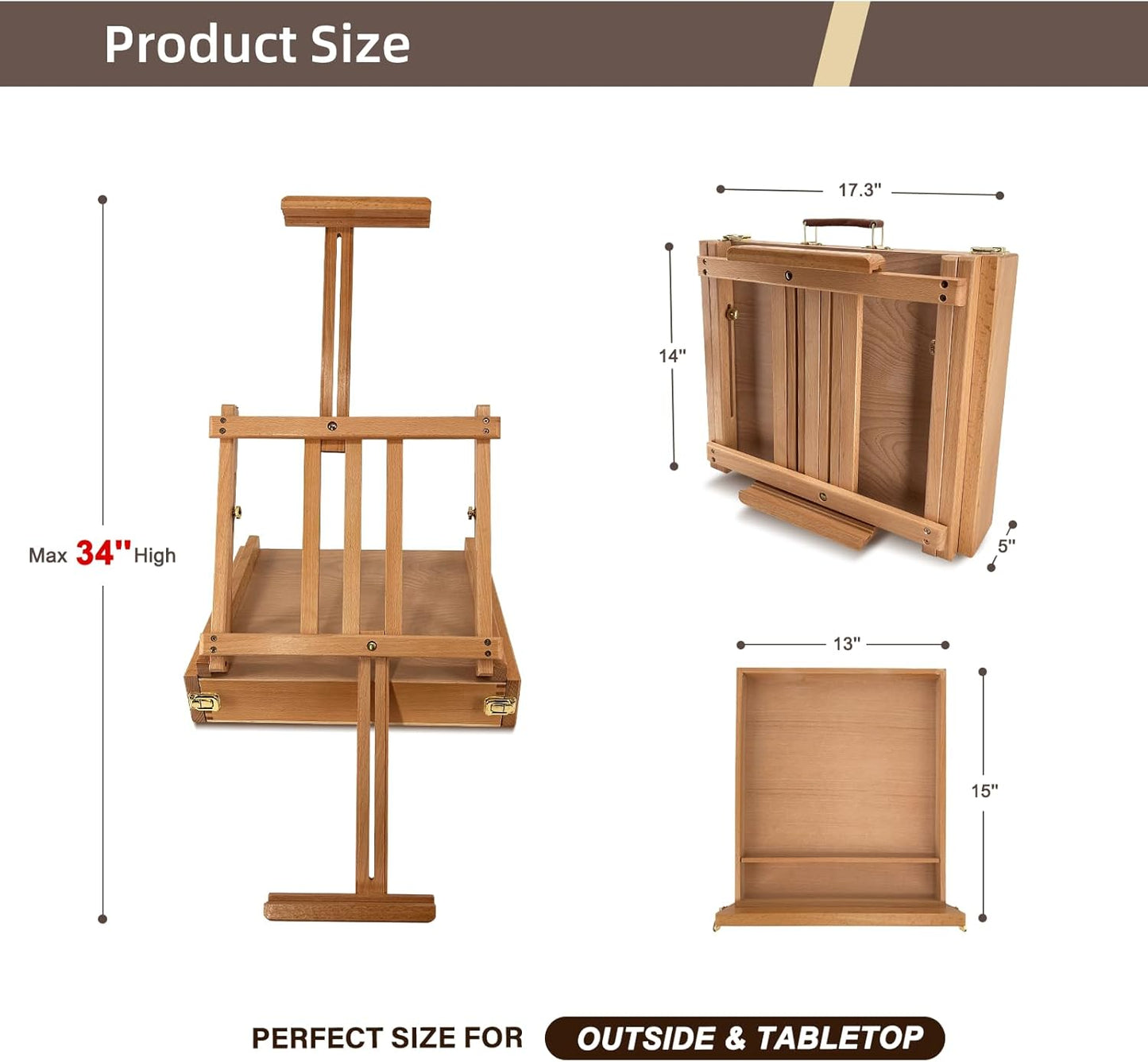 Large Sketchbox Table Top Easel with Dual Dawers- Adjustable Solid Beech Wood Artist Desktop Easel with Storage Holds Canvas up to 34'' High, for Markers, Sketch or Draw