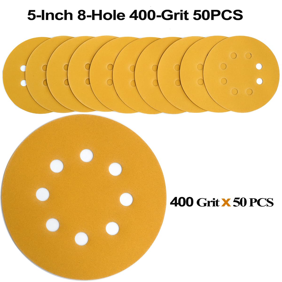 5-Inch 8-Hole Hook and Loop Sanding Discs 400-Grit Random Orbit Sandpaper, 50-Pack