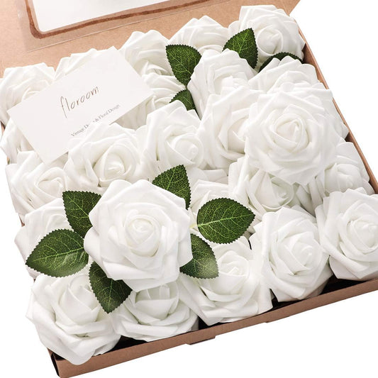 Floroom Artificial Flowers 25pcs Real Looking White Foam Fake Roses with Stems for DIY Wedding Bouquets Bridal Shower Centerpieces Floral Arrangements Party Tables Home Decorations