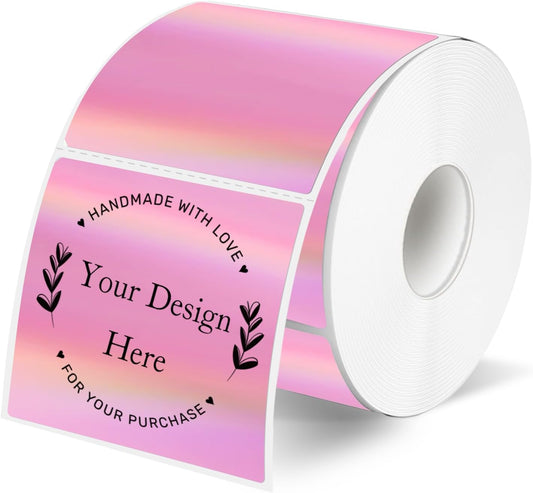 Square Thermal Labels Stickers 2" x 2", Holographic Pink Thermal Stickers Labels, Glitter Self-Adhesive Direct Thermal Label for Small Business- Perforation Line Design