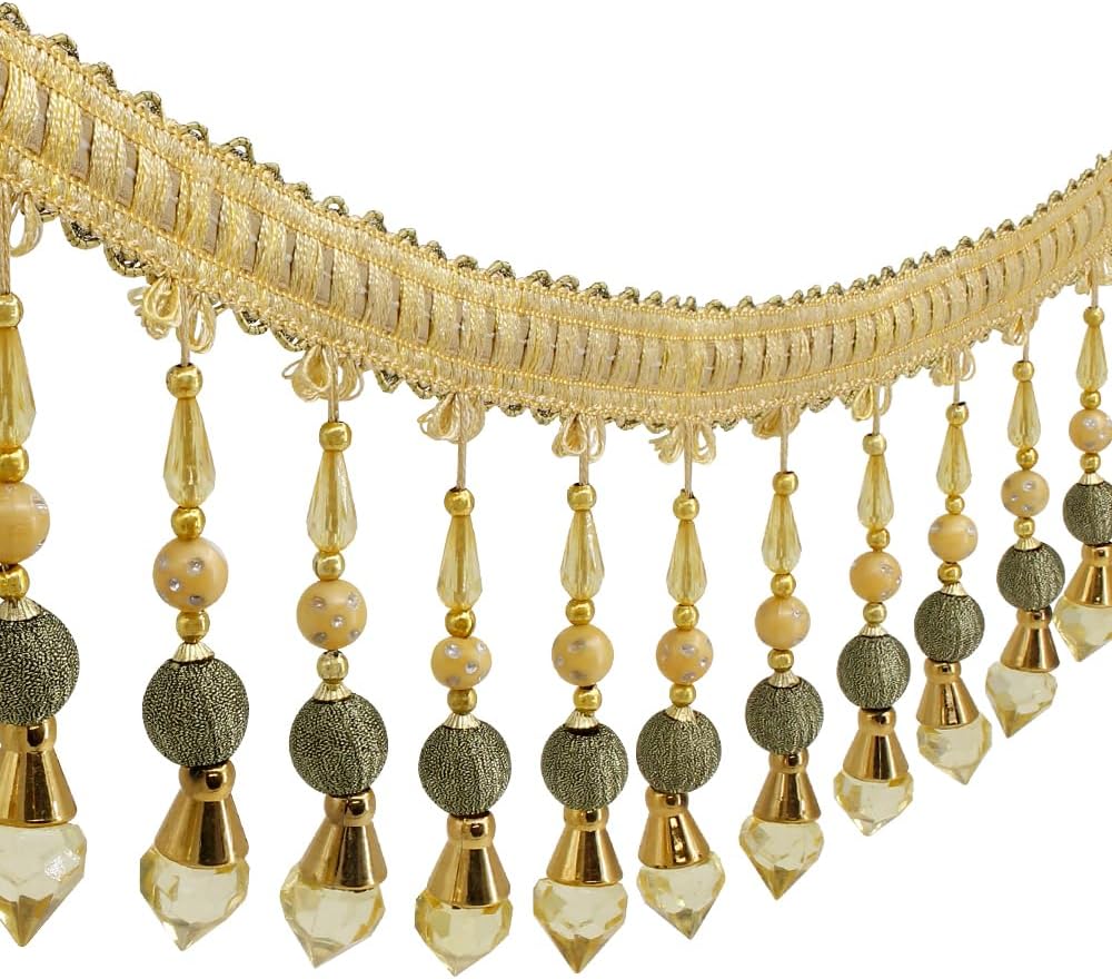3yards Beading Fringe Trimming Long Beads Tassel Curtain Trim Ribbon Trim for Cover Edge Decorative (Gold)