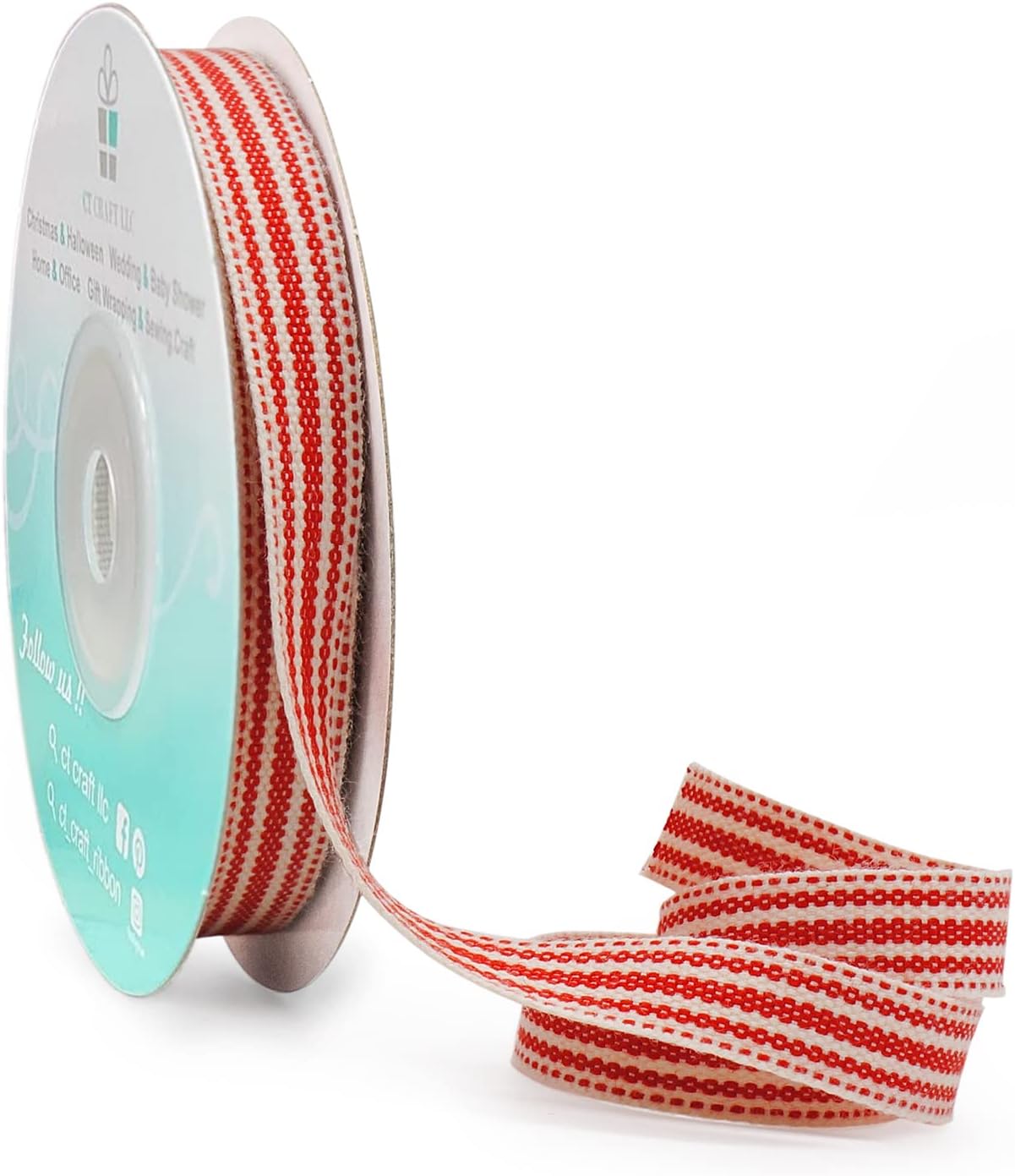 CT CRAFT LLC Ivory Cotton Red Stripes Ribbon 3/8" x 10 Yards for Home Décor Gift Present Wrapping DIY Crafts Birthday Wedding Bouquet Christmas