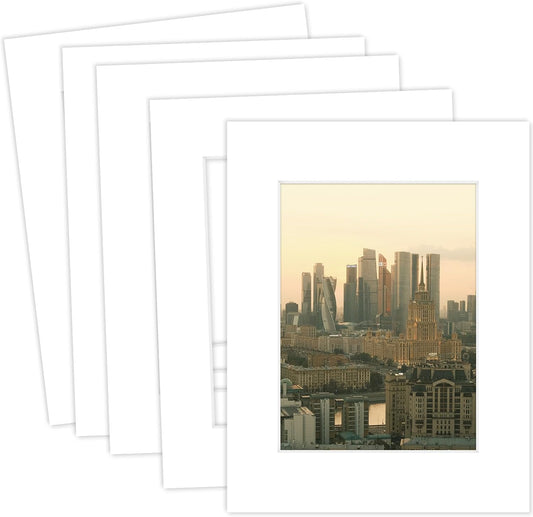 MBC Mat Board Center, 5 Pack 8.5X11 for 6X8 White Picture Mats Frame Mattes, Bevel Cut, Acid Free, 4-Ply Thickness