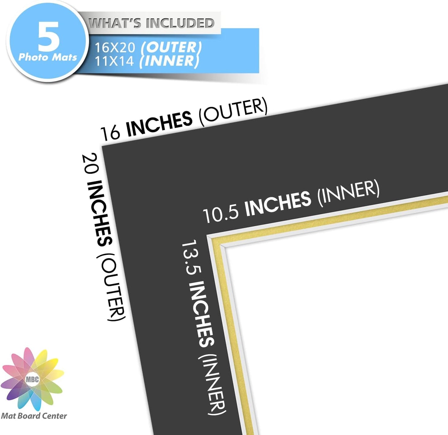 Mat Board Center, Double Mat - Acid Free, 8-ply Thickness, White Core - for Pictures, Photos, Framing (Black Over Gold, 16x20 for 11x14, Pack of 5)