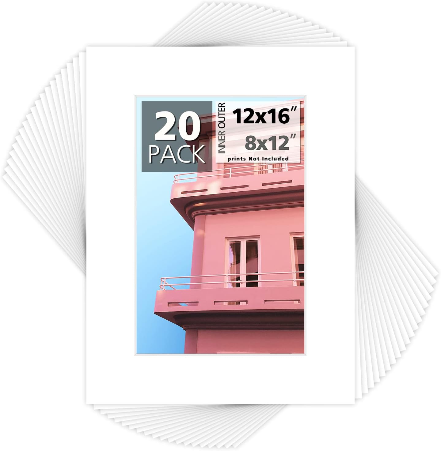 Mat Board Center, Pack of 20, 12x16 for 8x12 White Photo Picture Mats - Acid Free, 4-ply Thickness, White Core - for Pictures, Photos, Framing