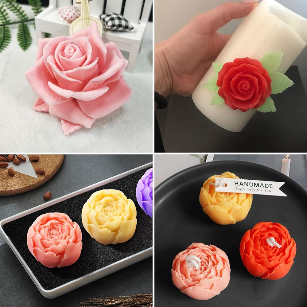 6 Pcs Flower Silicone Molds Set, FAURAPMNG Bloom 3D Rose Flower Fondant Silicone Molds for Soap Candle Making, Cake Flower Molds for Chocolate Candy Pastry Dessert