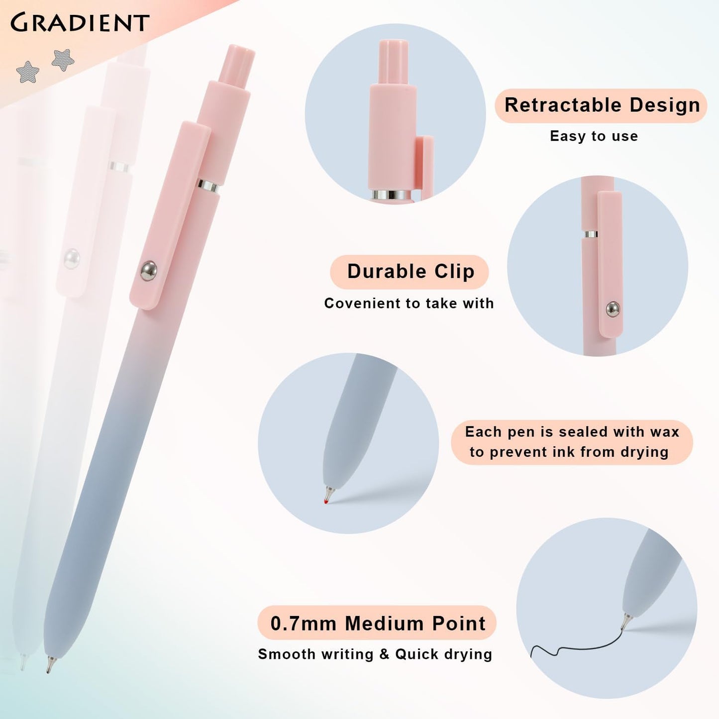 FIOVER 5pcs Gel Pens Black Ink Medium Point 0.7mm Pens Smooth Writing High-End Series Cute Ballpoint for Journaling Note Taking, Office School Supplies Gifts for Women and Men