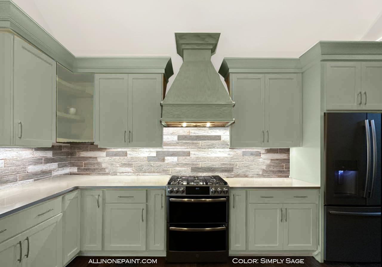 ALL-IN-ONE Paint, Durable cabinet and furniture paint. Built in primer and top coat, no sanding needed. Includes our 30 featured color card - Simply Sage (gray green), Gallon