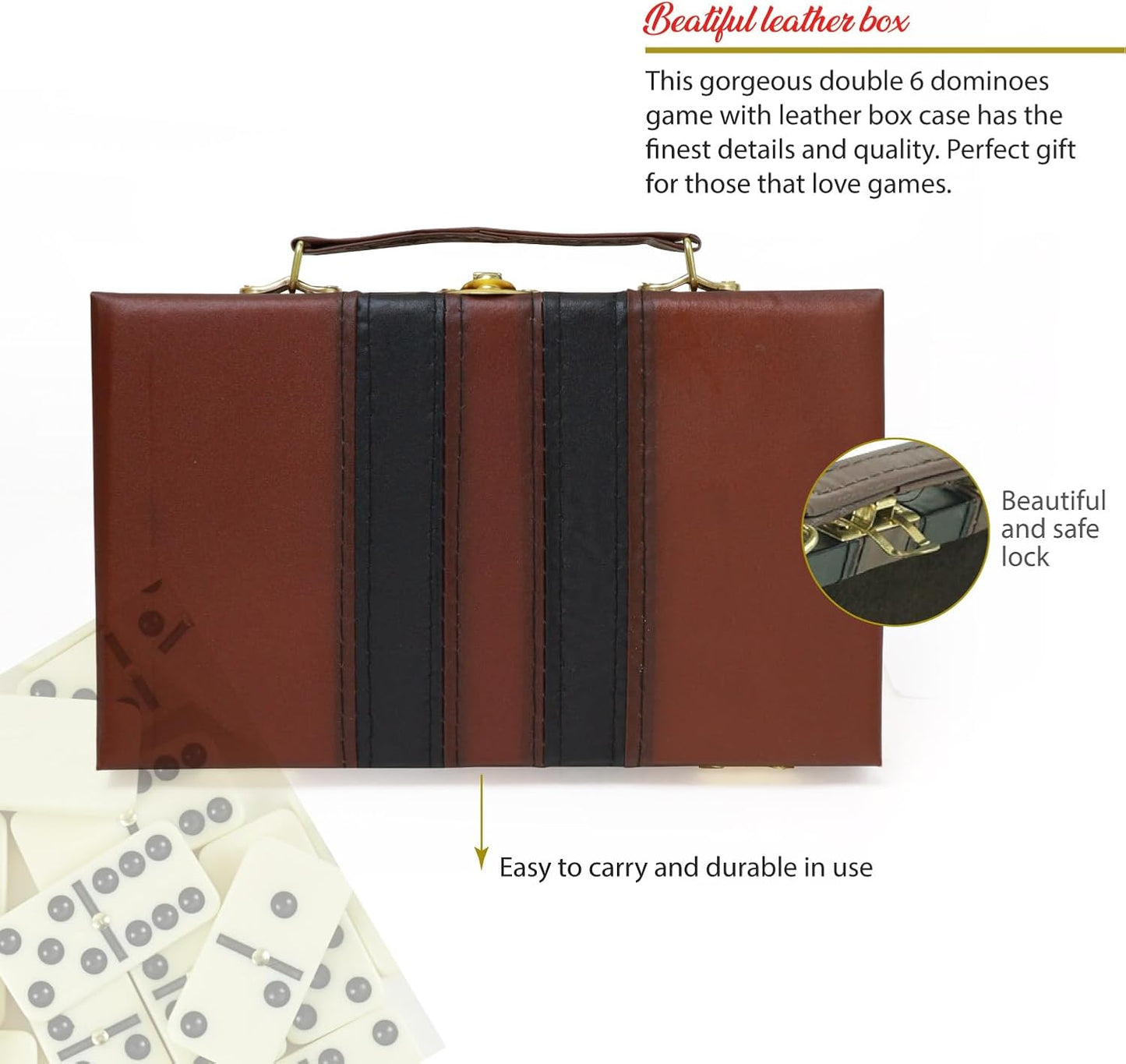 ERLLE - Premium Double 6 Dominoes Set, Classic Domino Game with Leather Case, Domino Set for Adults & Kids, Durable, Travel-Friendly, and Easy to Read Tiles