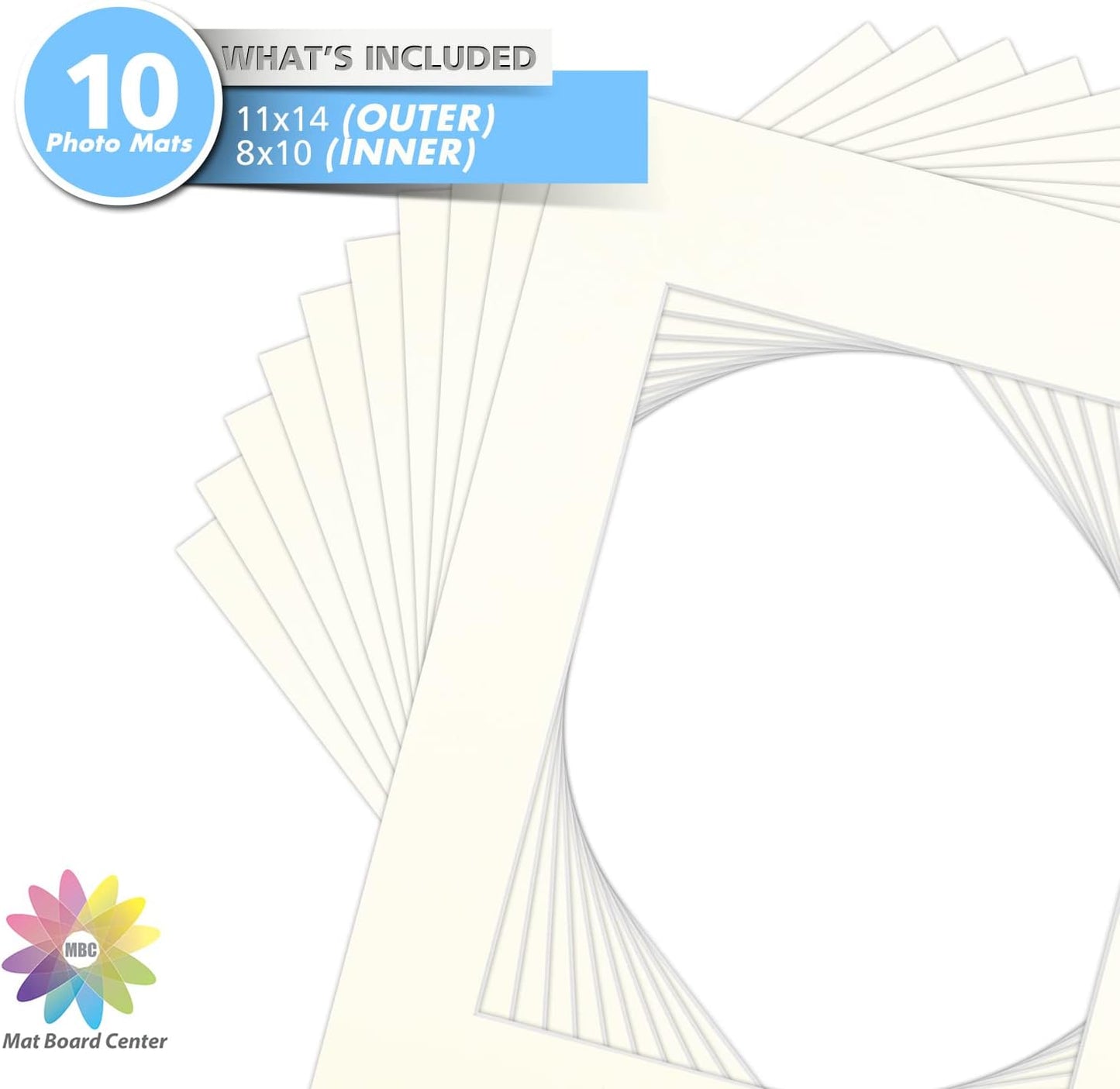 Mat Board Center, Pack of 10, 11x14 for 8x10 Ivory Turret Color Mats - Bevel Cut, Acid Free, 4-ply Thickness, White Core - for Pictures, Photos, Framing